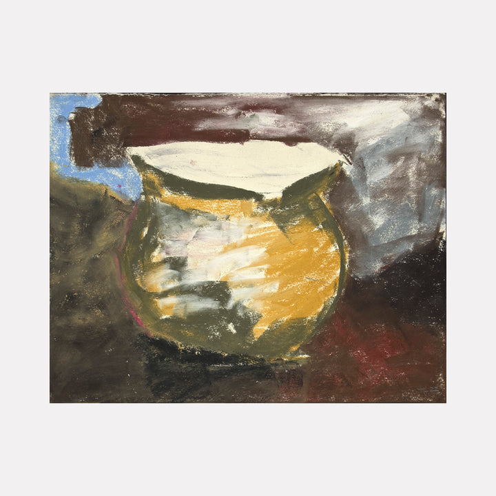The artwork 'Yellow Ewer' by Todd Gilens features an expressively painted ceramic vessel rendered in dry pigment on paper. The piece captures a luminous golden ewer against a dark, moody background, with bold brushstrokes creating dramatic contrasts between light and shadow. The composition emphasizes the vessel's curved form and reflective surface, measuring 11 x 14 inches.