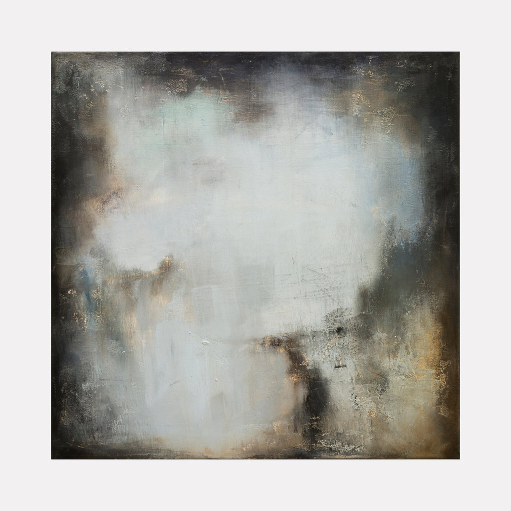 The artwork "The Day After" by Xanthippe Tsalimi presents an abstract composition with a textured blend of muted browns, greys, and soft blues, evoking a misty, atmospheric landscape. The layered brushstrokes and subtle tonal shifts recall the textured abstraction of Mark Rothko and the moody palettes of Gerhard Richter.