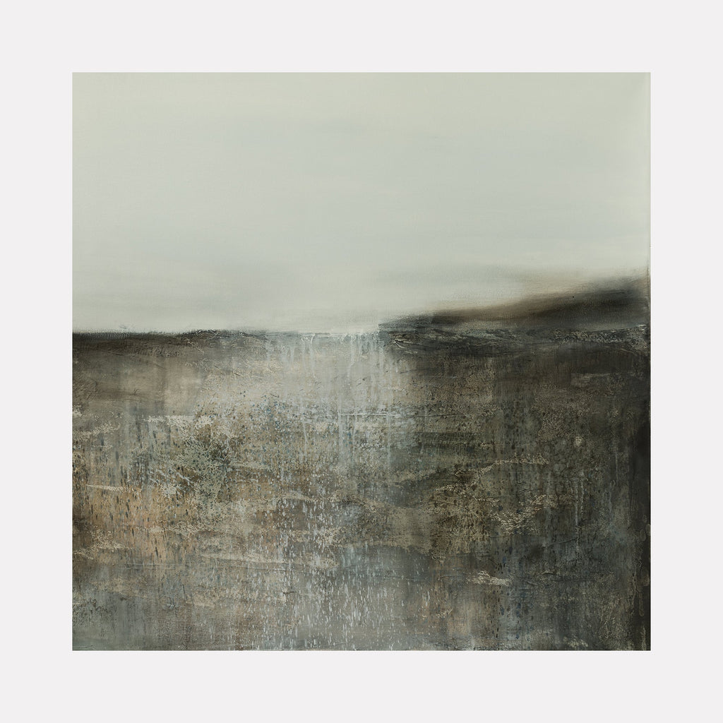 The artwork "Two Worlds" by Xanthippe Tsalimi features an abstract landscape emphasizing textured layers of brown, gray, and muted green tones that blend into a soft, overcast sky. The composition balances subtle geological forms with atmospheric depth, evoking the contemplative abstract naturalism of Mark Rothko and the textured earthiness reminiscent of Anselm Kiefer's landscapes.