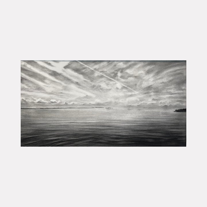 The artwork "Chesapeake to Gotham II" by Regina Miele showcases a serene seascape rendered in monochromatic tones, featuring a vast, calm ocean under a dramatic sky filled with wispy clouds and subtle light streaks. The piece evokes the atmospheric moods found in works by J.M.W. Turner and Caspar David Friedrich, blending realism with a contemplative, almost ethereal quality.