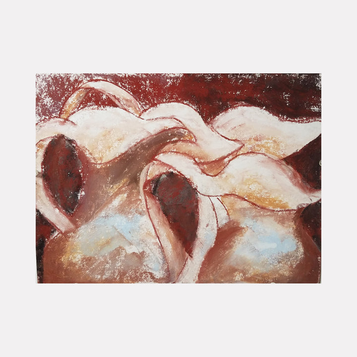 The artwork 'Pitchers' by Todd Gilens features flowing, abstract forms in rich burgundy and cream tones, creating a dynamic composition of curved shapes reminiscent of flowing vessels or organic forms. Pale blue accents complement the earthy palette, while dry pigment technique adds textural depth to the 11.25 x 15 inch paper surface. By Todd Gilens.