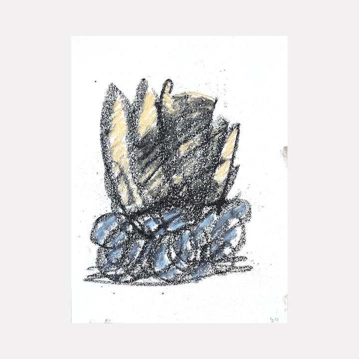 The artwork 'Small Arrangement II' by Todd Gilens features abstract expressionist strokes in dry pigment on paper, depicting dynamic upward-reaching black and yellow forms emerging from a base of flowing blue marks, creating a textural interplay of bold gestural movements and subtle color transitions in a 9x12 inch composition.