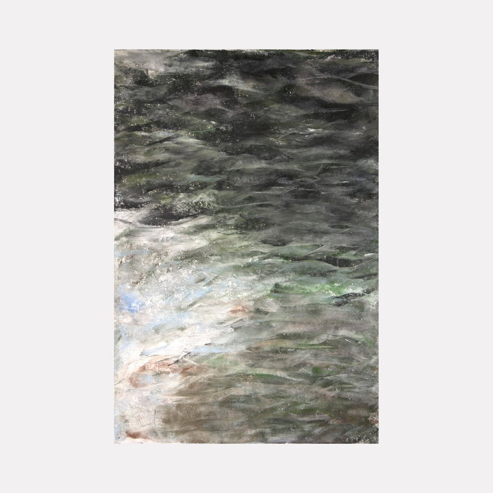 The artwork 'Water I' by Todd Gilens depicts a dynamic abstract composition of turbulent water surfaces, rendered in dry pigment on paper. Swirling patterns of dark charcoal grays blend into lighter seafoam greens and subtle earth tones, creating a textural study of water's natural movement and reflective qualities. - Todd Gilens