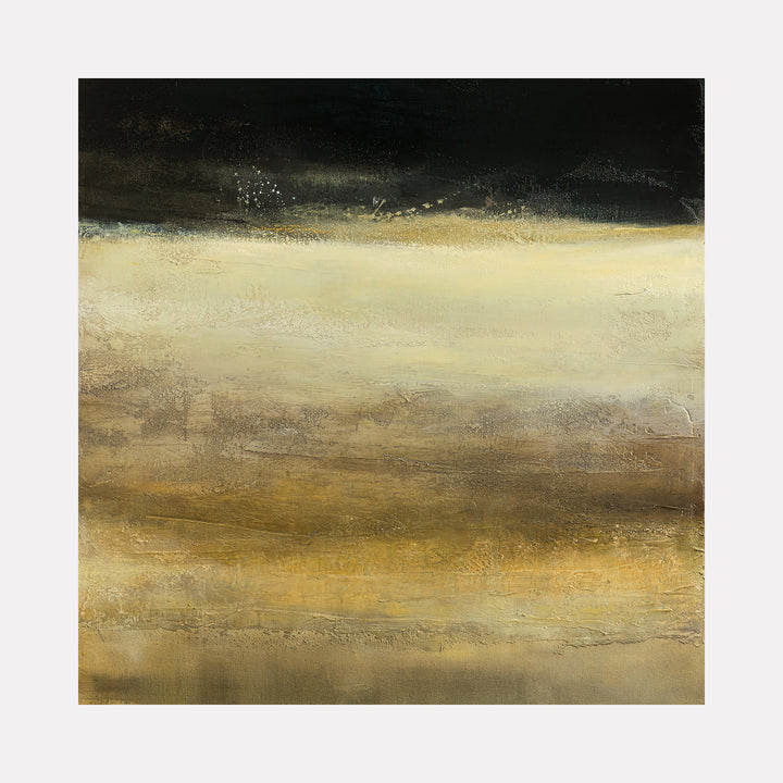 The artwork "Agripnia" by Xanthippe Tsalimi features an abstract landscape with layered horizontal bands of earthy browns, muted golds, and soft beige tones beneath a dark, textured upper section. The rich textures and subtle gradations evoke the atmospheric depth and tonal harmony reminiscent of Mark Rothko’s color field paintings and the tactile surfaces found in Anselm Kiefer’s work.