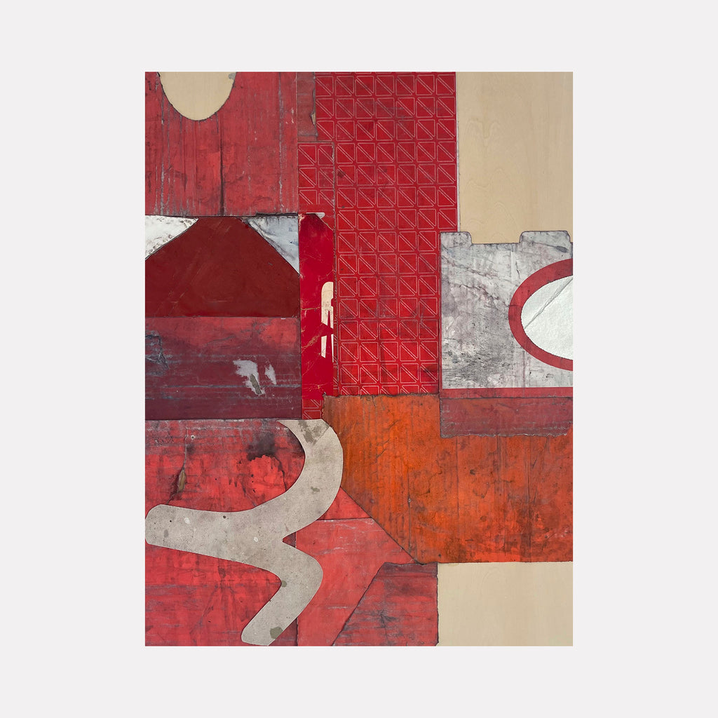 Do Si Do by Jodi Hays features a layered collage of textured cardboard and vinyl in rich reds, oranges, and neutrals, blending abstract geometric shapes and organic curves to create a dynamic and tactile contemporary art piece.