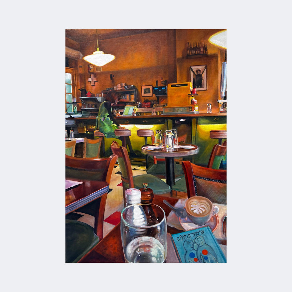 The artwork "Cafe Gitane" by Regina Miele depicts a warmly lit café interior with rich earth tones and textured brushstrokes reminiscent of Edward Hopper’s intimate scenes. It features wooden chairs, round tables with coffee cups including latte art, a glass of water, and a colorful book cover in the foreground, evoking a cozy, inviting atmosphere.