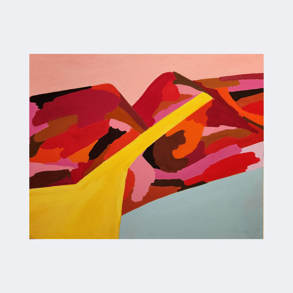 The artwork "$2" by Joanie Flickinger features an abstract composition with bold, overlapping shapes in vibrant reds, oranges, pinks, and browns, contrasted by a striking yellow diagonal band cutting through the center against a muted blue and peach background. The style evokes the geometric abstraction of artists like Wassily Kandinsky and Sonia Delaunay.