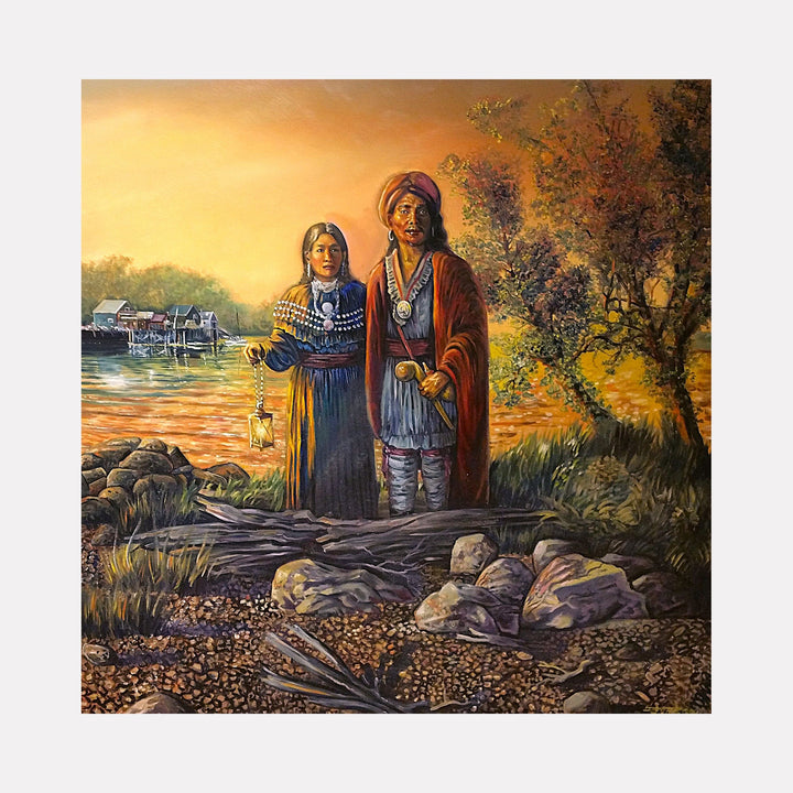 The artwork "Lamp to the Future (Woodland Native American scene, ca. 1780)" by David Bunn Martine depicts a Native American man and woman standing near a waterside landscape at dusk. Rich earth tones of orange, brown, and green create a textured, natural setting with detailed rocks, trees, and reflections. The style blends realist portraiture with atmospheric light reminiscent of Albert Bierstadt and Frederic Remington.