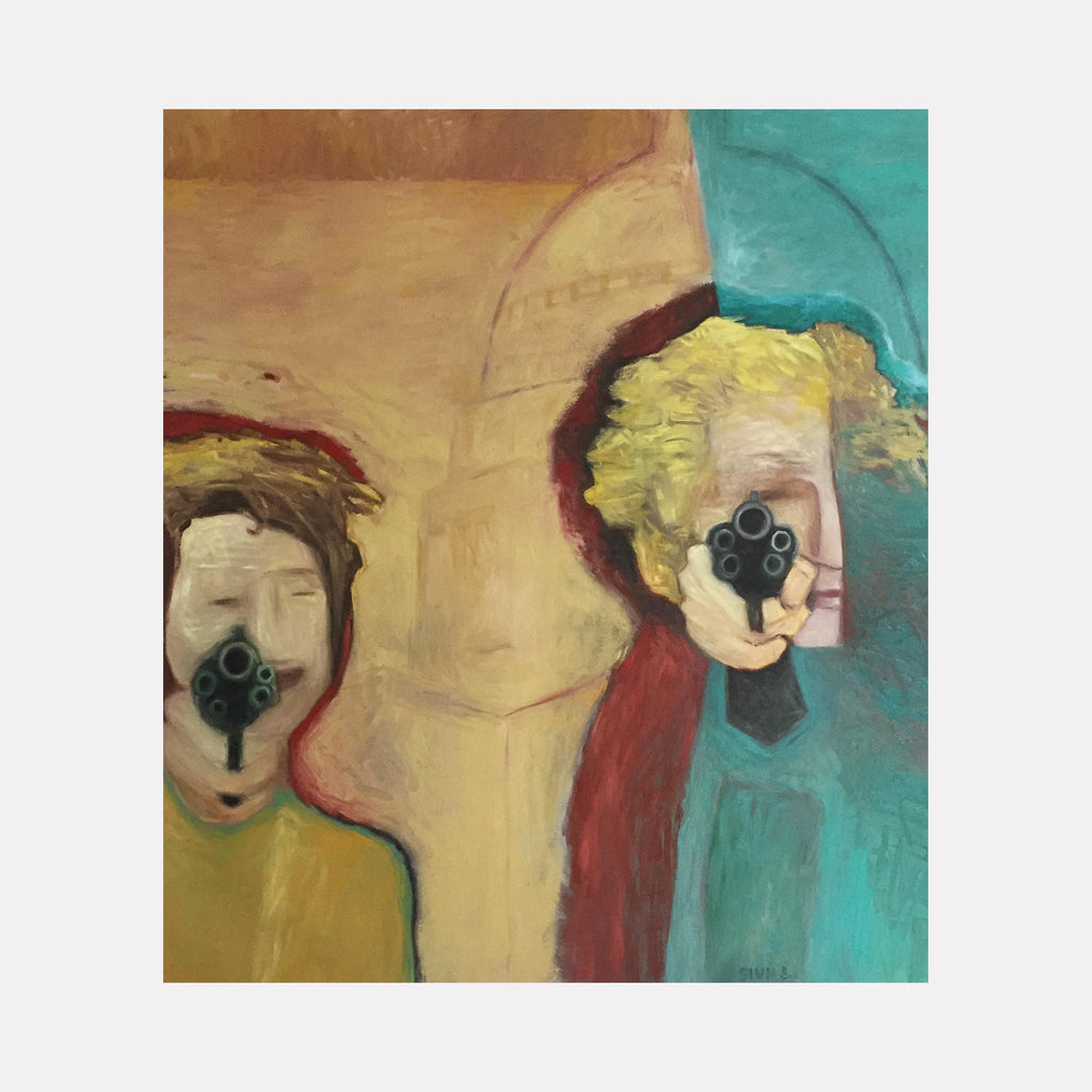 The artwork "Protectors of the Temple" by Val Sivilli depicts two stylized figures with indistinct facial features, each aiming a black revolver directly at the viewer. The composition balances warm browns and ochres with cool teal and blue tones, rendered in thick textured brushstrokes evoking the psychological intensity reminiscent of Francis Bacon and the haunting presence found in early Käthe Kollwitz.