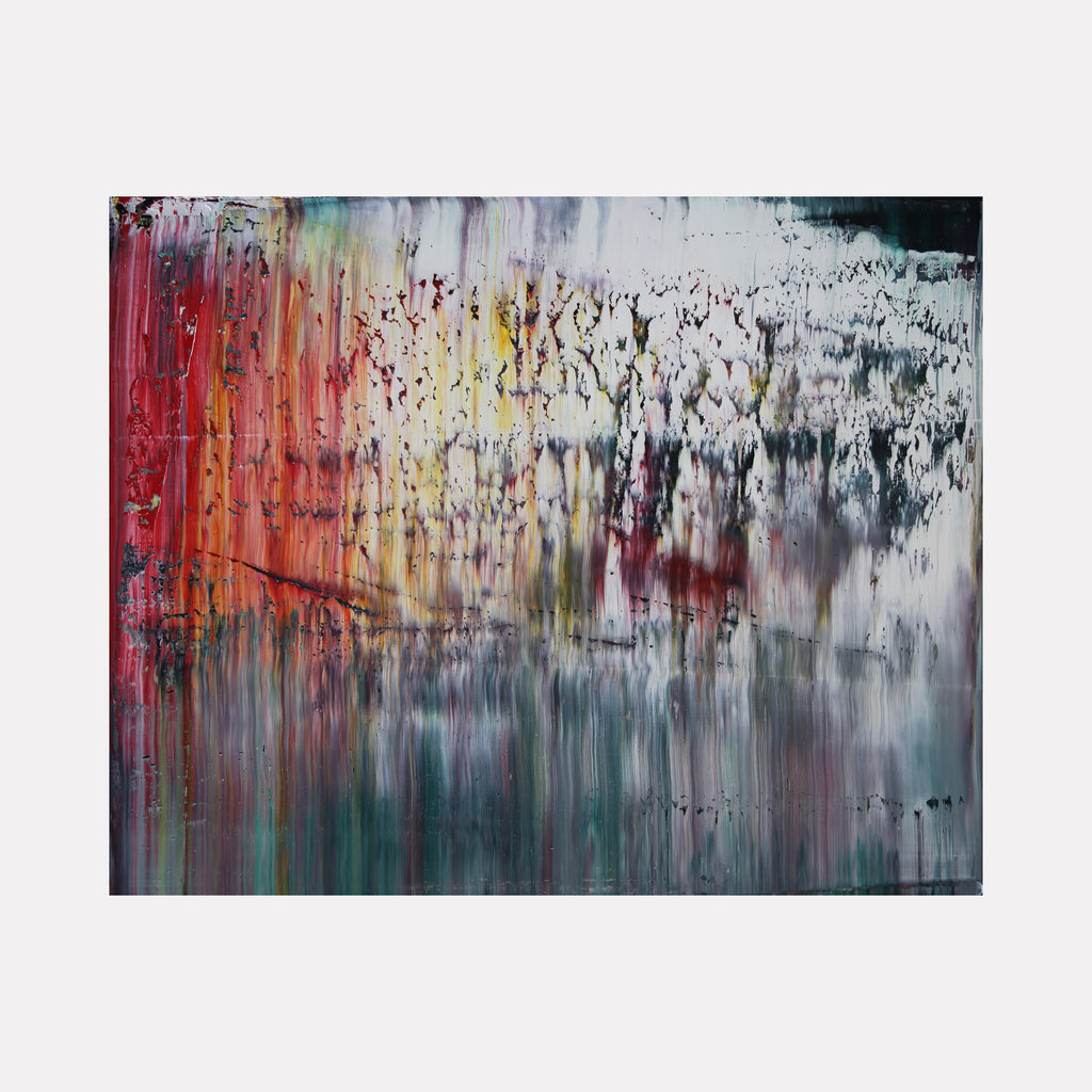 abstract talking heads in the snow by Harry Moody presents an immersive blend of textured colors with streaks of red, yellow, and cool tones, evoking a mysterious and atmospheric quality in this expressive contemporary art piece.