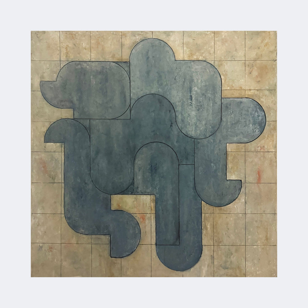 The artwork "Out of This World" by Stephen Cimini features an abstract composition of interlocking, irregular rounded shapes in muted gray tones against a textured beige grid background reminiscent of tiled surfaces. The style evokes the minimalistic and geometric abstraction found in works by Jean Arp and Ellsworth Kelly, emphasizing organic forms and subtle texture contrasts.