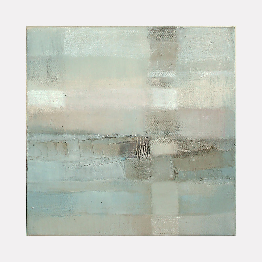 The artwork "Blue Squares" by Xanthippe Tsalimi features a subtle grid of muted blue and gray rectangular shapes, layered with soft textures and delicate brushstrokes. The abstract composition evokes the tranquil color fields and subdued geometry reminiscent of Mark Rothko’s atmospheric works and Agnes Martin’s minimalist grids.
