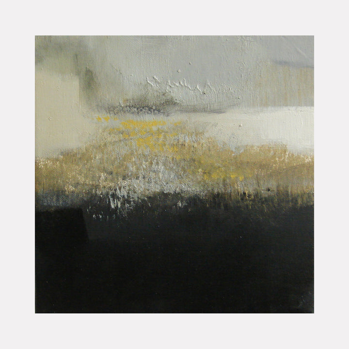 The artwork "Untitled IV" by Xanthippe Tsalimi features an abstract composition with layered textures in muted tones of beige, brown, black, and hints of yellow. The piece evokes atmospheric depth through rough brushstrokes and subtle gradients, reminiscent of the contemplative abstractions by Mark Rothko and the earthy palettes of Agnes Martin.