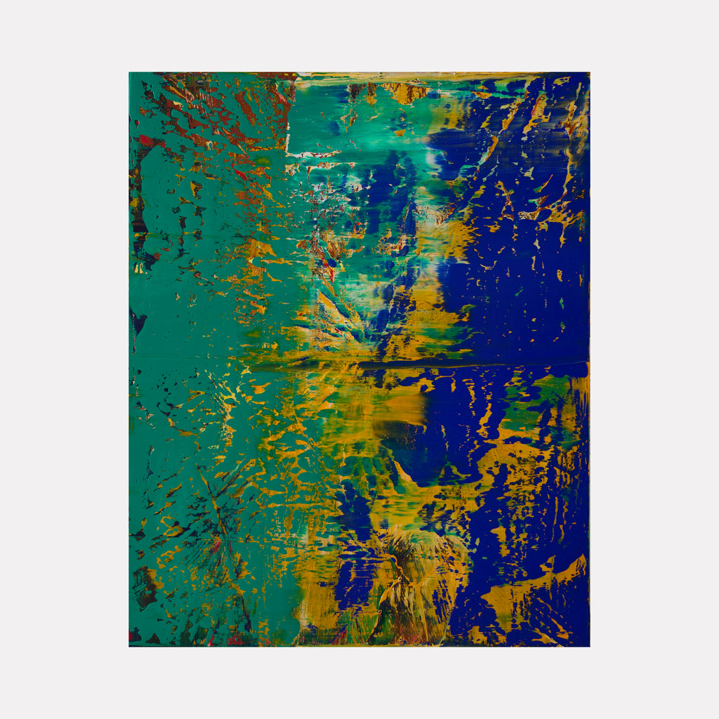 Abstract Blue Cheer 1 by Harry Moody features bold brushstrokes in deep blue and green with golden highlights, creating an energetic interplay of textures and colors that captures a dynamic, expressive essence in this contemporary art piece.