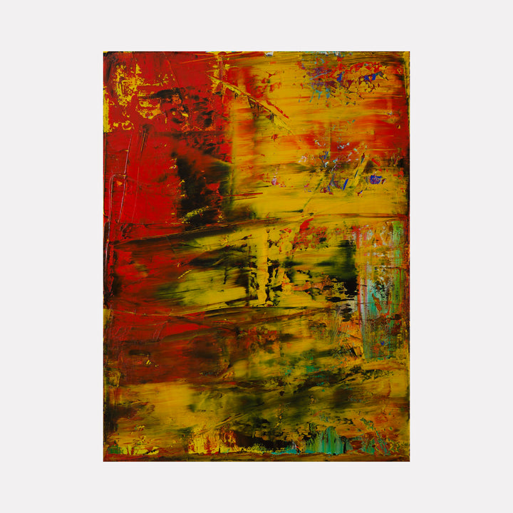 abstract la la land 2 by Harry Moody displays a rich fusion of warm reds, golden yellows, and earthy greens in a textured, abstract art composition that conveys energetic depth and layered color contrasts for a captivating visual experience.