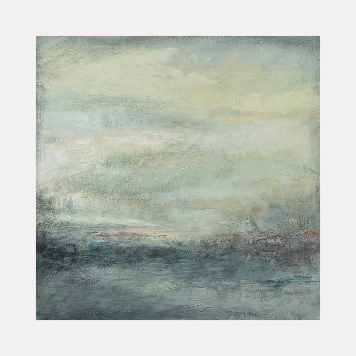 The artwork "Northern Light" by Xanthippe Tsalimi features an abstract, textured landscape dominated by soft, layered blues and muted grays with hints of warm beige and subtle touches of red. The atmospheric composition evokes the moody, introspective qualities of Mark Rothko’s color fields and the ethereal light of J.M.W. Turner’s seascapes.