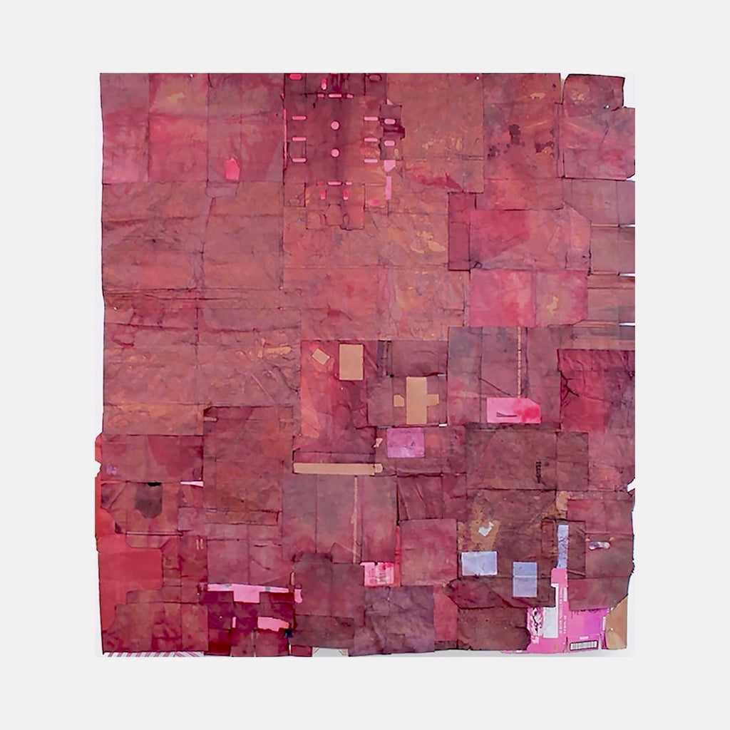 Jacob's Ladder by Jodi Hays is a textured collage art piece composed of layered cardboard and dye in warm reds and earthy tones, creating an abstract grid-like pattern with subtle variations and tactile surfaces in a contemporary style.