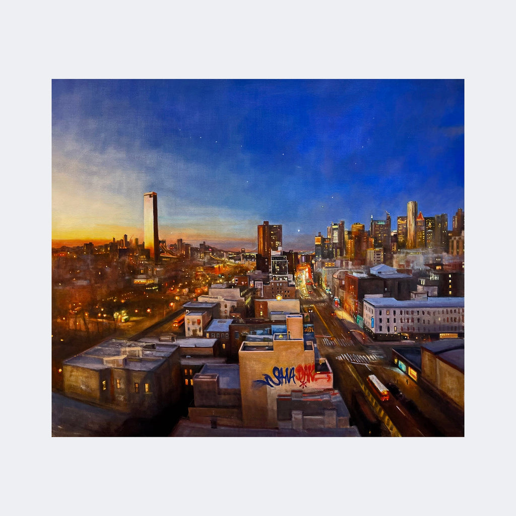 The artwork "Sunrise, Moon Setting Over Bowery" by Regina Miele captures a vibrant urban skyline at dusk with a glowing gradient sky shifting from warm golden yellows to deep twilight blues. The cityscape features detailed rooftops, illuminated windows, and busy streets portrayed with a realism reminiscent of Edward Hopper’s atmospheric city scenes combined with a subtle impressionistic touch in the sky, evoking a serene yet dynamic mood.