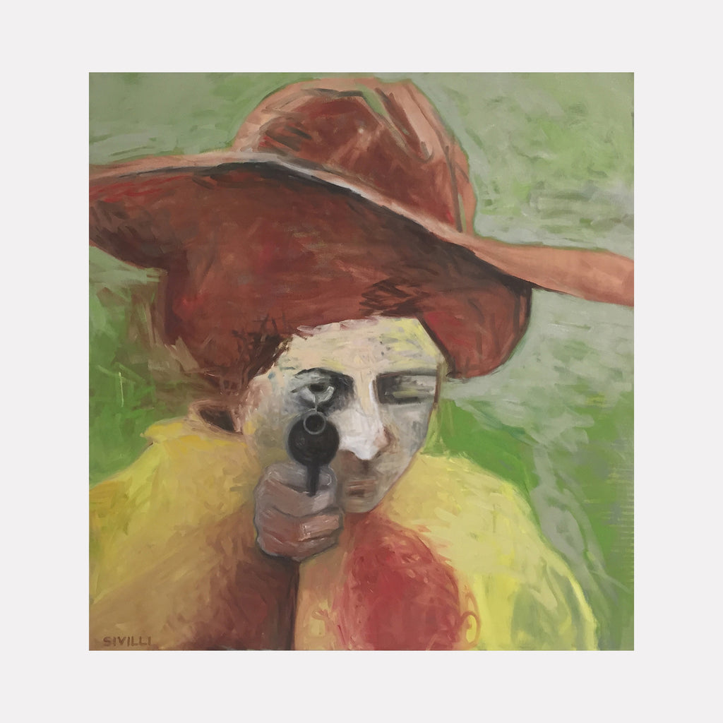 The artwork "SharpShooter Assasin" by Val Sivilli depicts a figure wearing a large reddish-brown hat and a yellow garment, aiming a black handgun directly at the viewer. The textured brushstrokes and muted palette of greens, russet, and ochre blend figurative and abstract elements, recalling the psychological intensity of Edward Hopper and the raw abstraction of early Philip Guston.