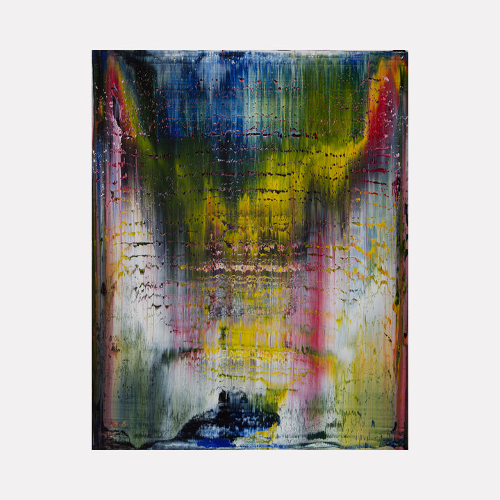 abstract abschulss by Harry Moody reveals a mesmerizing blend of blurred vertical patterns in vibrant yellows, deep blues, and subtle pinks, layered with textured strokes that create a dynamic and evocative contemporary art experience.