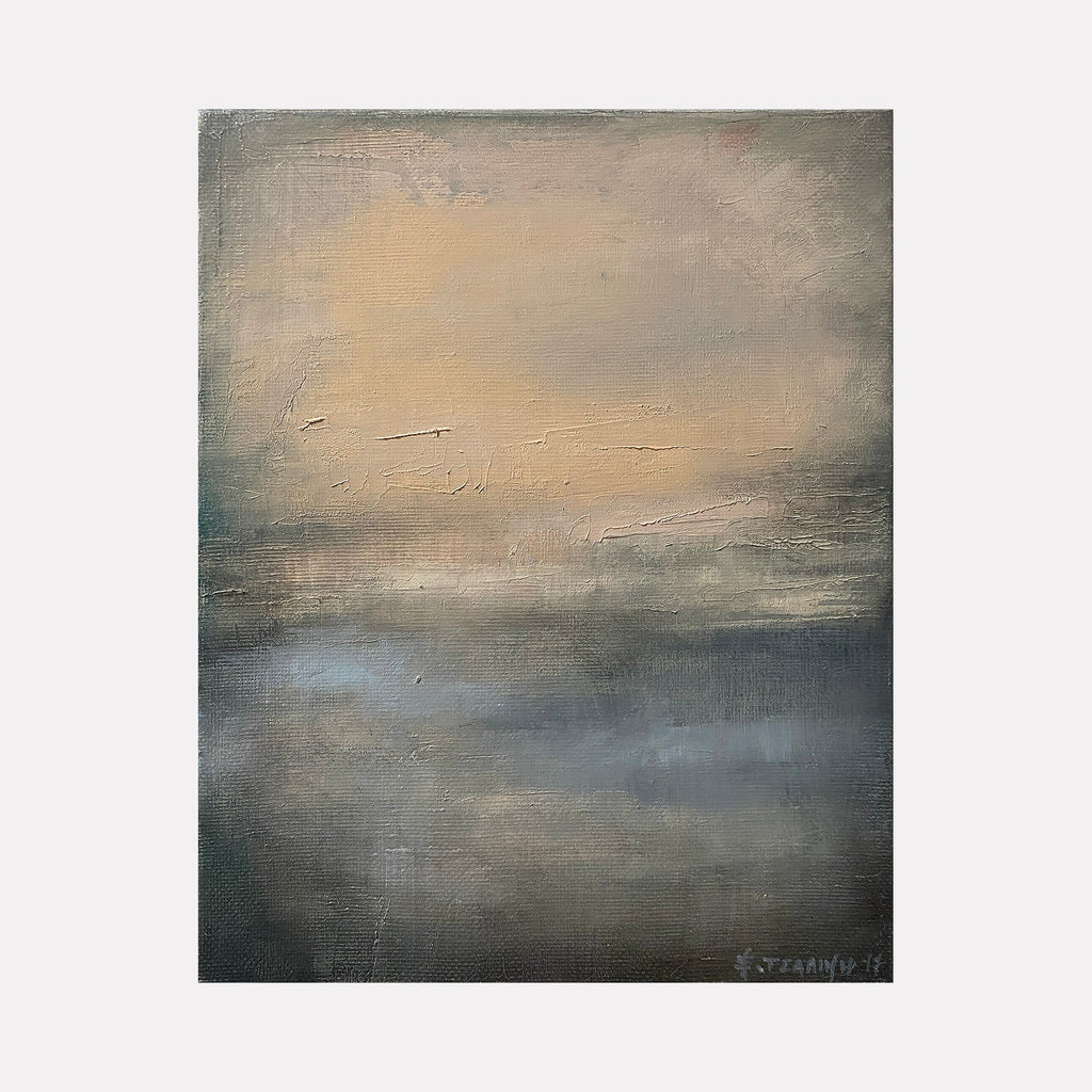 The artwork "Reflections" by Xanthippe Tsalimi features a textured, abstract landscape with muted tones of warm beige blending into cool blues and grays. The soft gradations and subtle brushwork evoke a serene, atmospheric mood reminiscent of J.M.W. Turner’s misty seascapes and Mark Rothko’s contemplative color fields.
