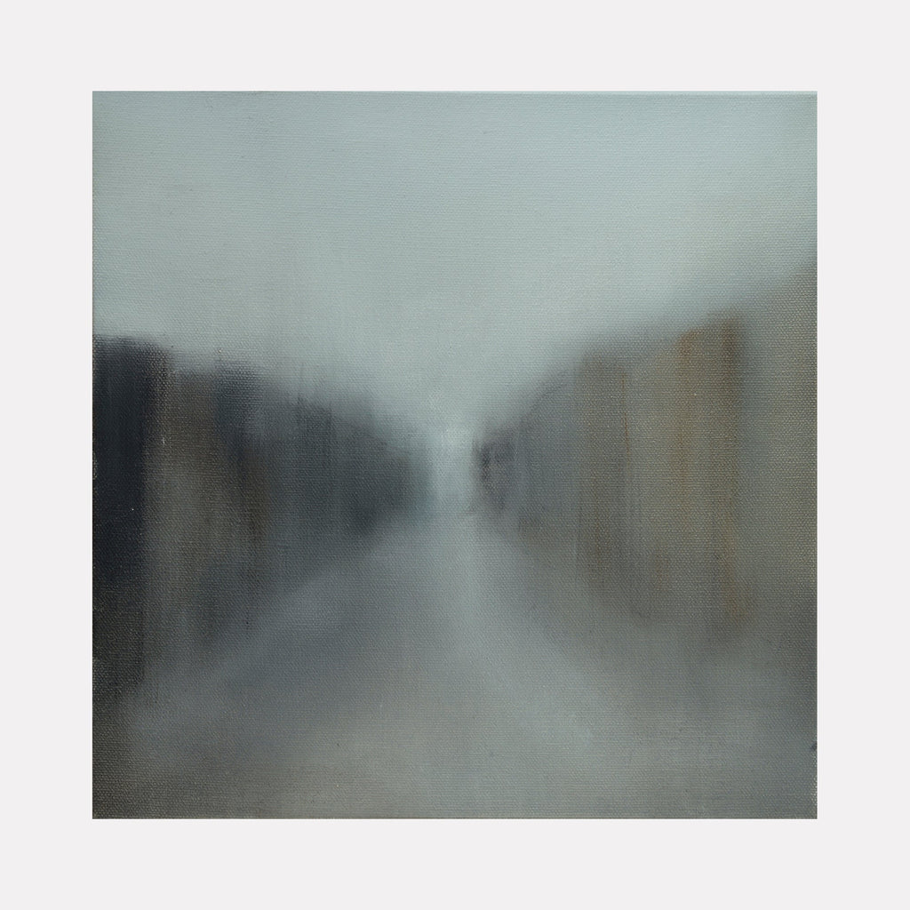 The artwork "The End of Tunnel" by Xanthippe Tsalimi features an abstract, misty composition in muted blues and grays, suggesting a foggy pathway flanked by indistinct vertical forms. The soft, blurred textures evoke atmospheric depth and quiet introspection, reminiscent of the moody landscapes by Mark Rothko and the subtle abstractions of Gerhard Richter.