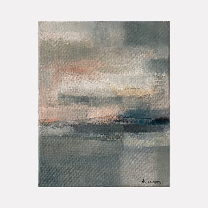 The artwork "Sunset Hour" by Xanthippe Tsalimi features an abstract landscape with layered horizontal brushstrokes in muted browns, soft pinks, and shades of gray, evoking a tranquil sunset over water. The textured, impressionistic style recalls the atmospheric qualities of J.M.W. Turner and the subtle color harmonies seen in Mark Rothko’s abstract fields.