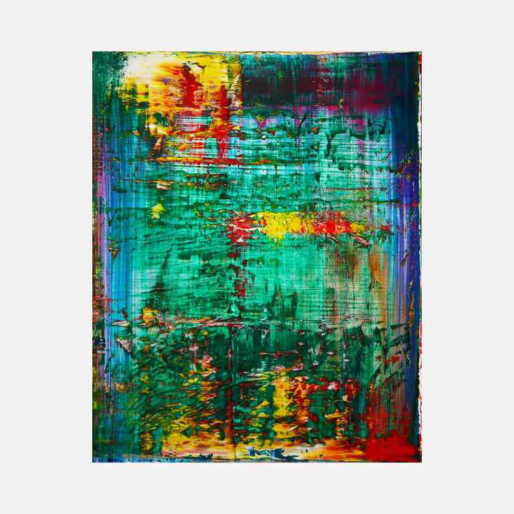 Abstract Green 1 by Harry Moody features layered textures in vivid green tones punctuated by splashes of red, yellow, and blue, creating a complex interplay of color and form that conveys depth and movement in this compelling piece of abstract art.