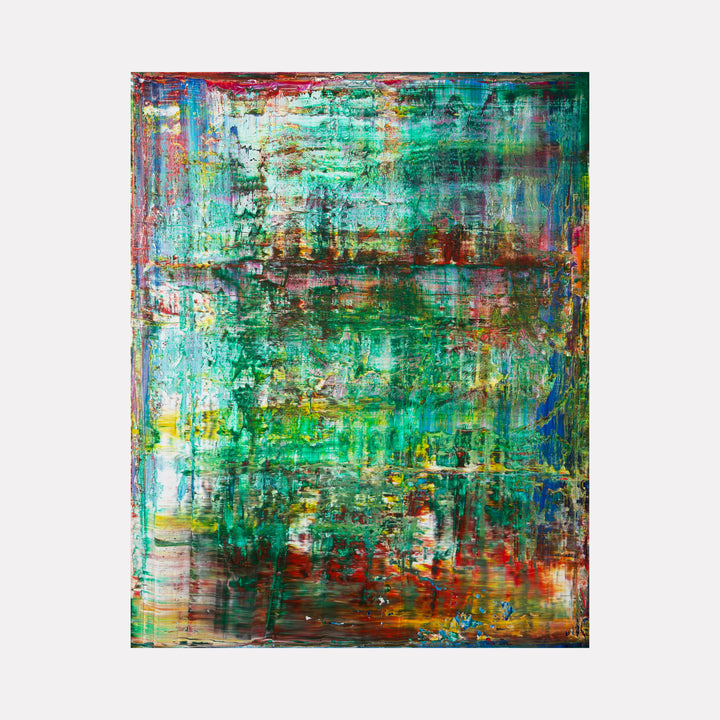 Abstract Green 2 by Harry Moody showcases an intricate layering of vibrant greens, deep reds, and subtle blues with textured brushwork, creating a rich, immersive abstract art piece that evokes a sense of depth and dynamic energy.