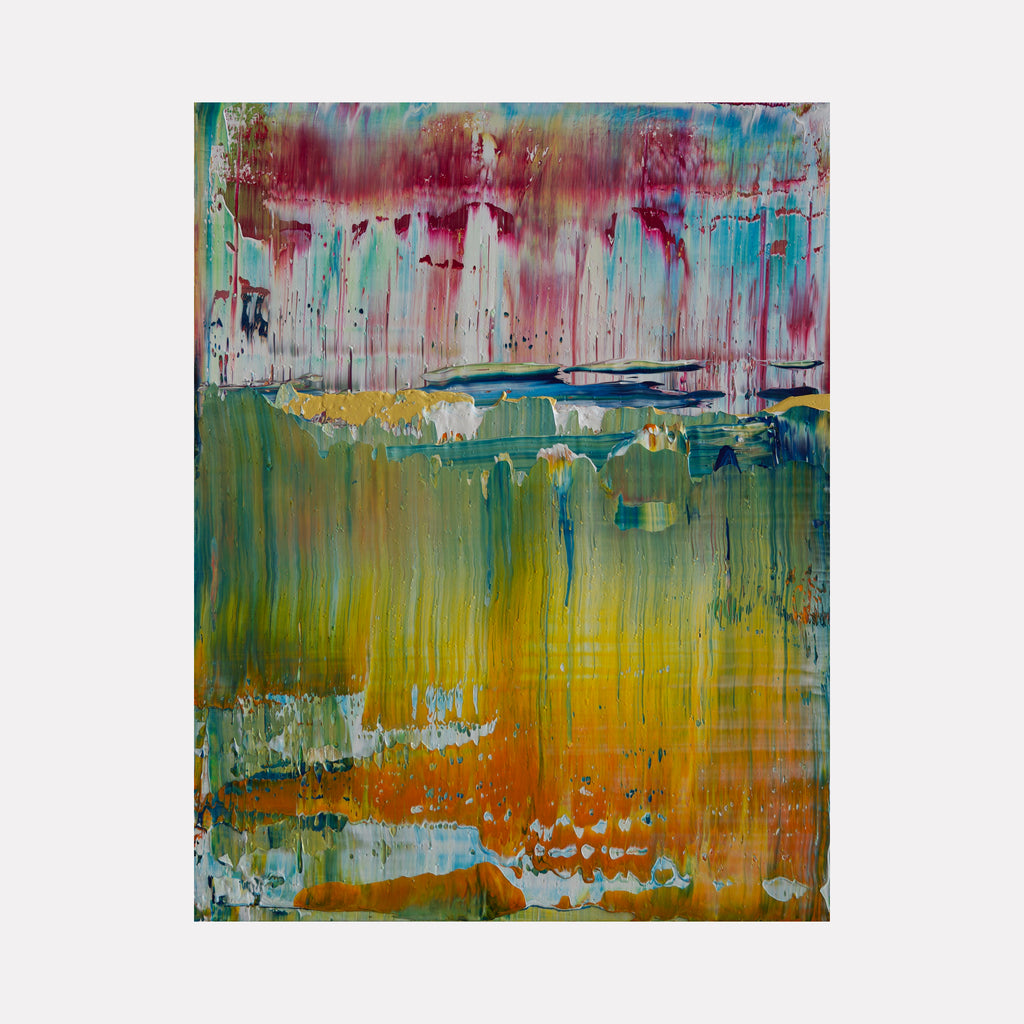 LA Candyland by Harry Moody showcases a vibrant blend of cascading colors, with rich reds flowing into layered blues, greens, and warm yellows, creating a dynamic abstract art piece that evokes a sense of movement and depth through its textured, painterly strokes.