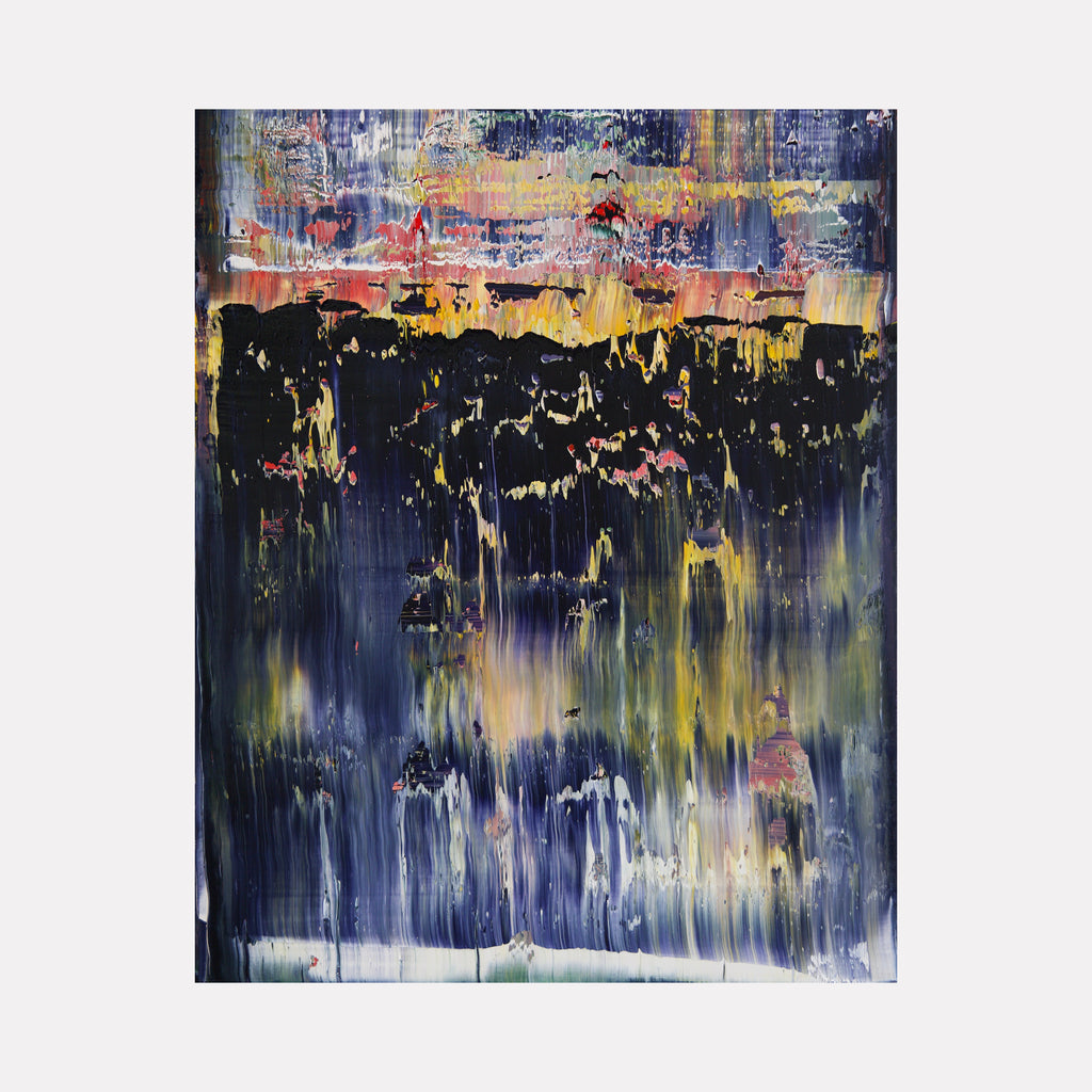 Graceland by Harry Moody presents an expressive abstract art piece with layered strokes of deep indigo, gold, black, and hints of soft reds, creating a mysterious and dynamic atmosphere through rich texture and contrasting colors.
