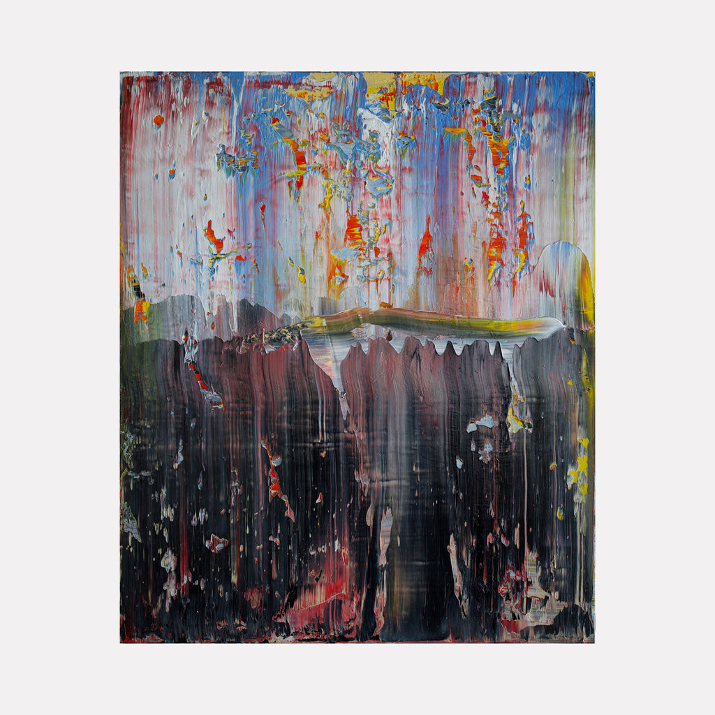 abstract freefall by Harry Moody presents a textured cascade of colors blending dark, moody tones with vibrant reds, blues, and yellows, evoking a sense of dynamic movement and layered depth in this striking, contemporary abstract art piece.