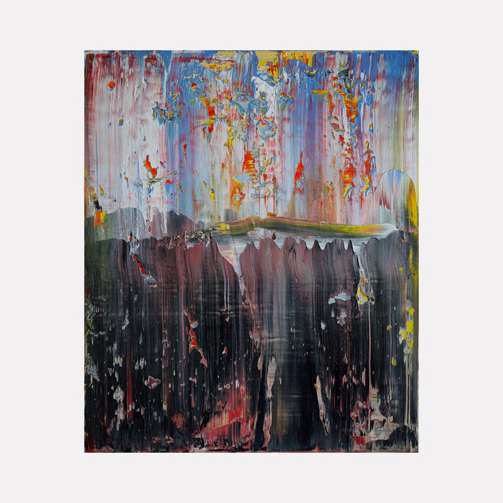 abstract freefall by Harry Moody presents a textured cascade of colors blending dark, moody tones with vibrant reds, blues, and yellows, evoking a sense of dynamic movement and layered depth in this striking, contemporary abstract art piece.