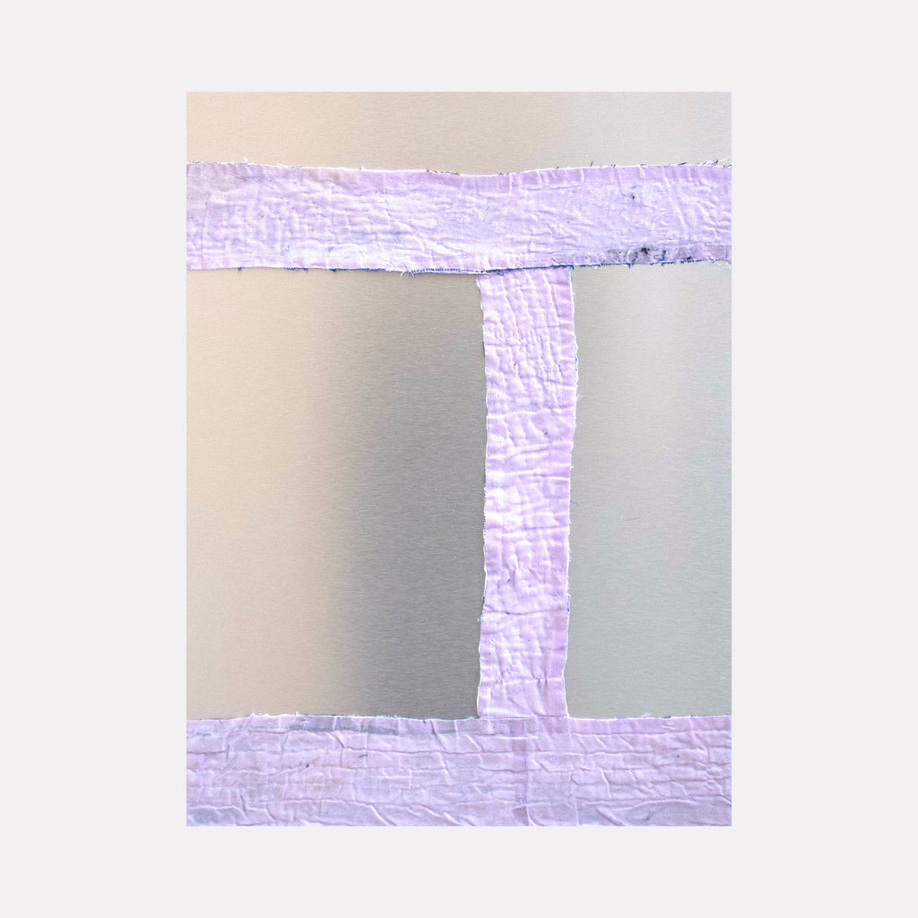 Holland by Jodi Hays features a minimalist abstract composition with textured pale lavender strips arranged in a windowpane pattern against a soft beige background, highlighting subtle surface variations and a serene, modern art aesthetic.