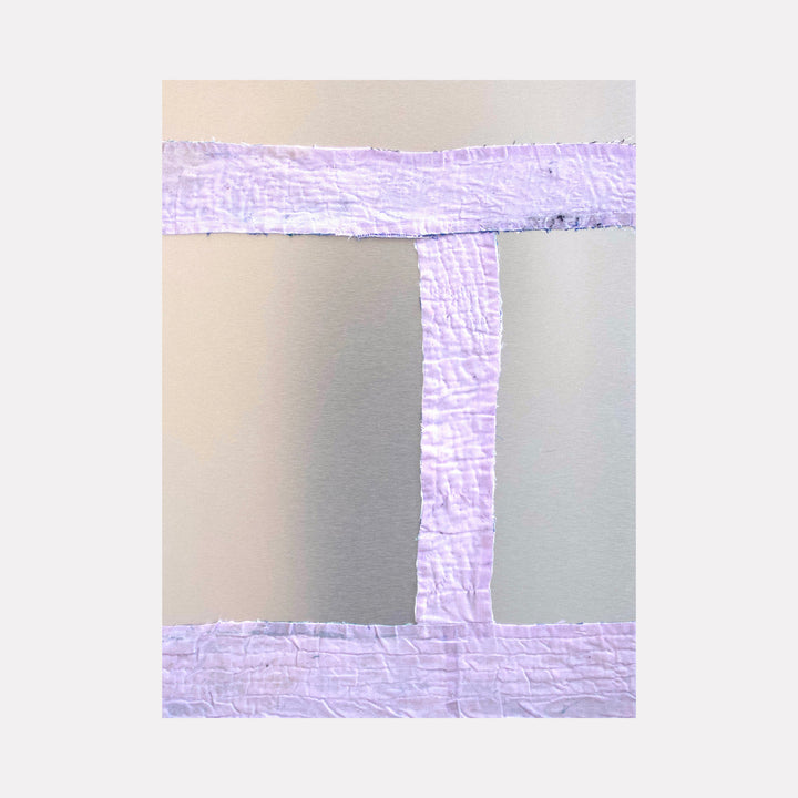 Holland by Jodi Hays features a minimalist abstract composition with textured pale lavender strips arranged in a windowpane pattern against a soft beige background, highlighting subtle surface variations and a serene, modern art aesthetic.