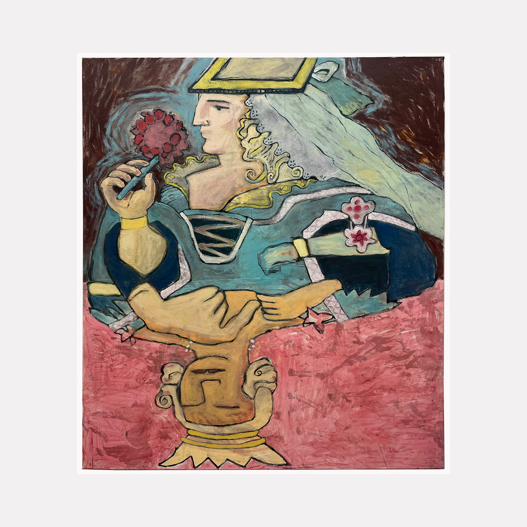 The artwork "It Never seemed like it was quite enough" by Val Sivilli features a figurative scene with a central figure holding a red, flower-like object in front of a stylized, abstracted face set against a textured rose-colored background. The piece employs bold outlines and muted blues, yellows, and earth tones, echoing the psychological abstraction reminiscent of Picasso and early Lam.