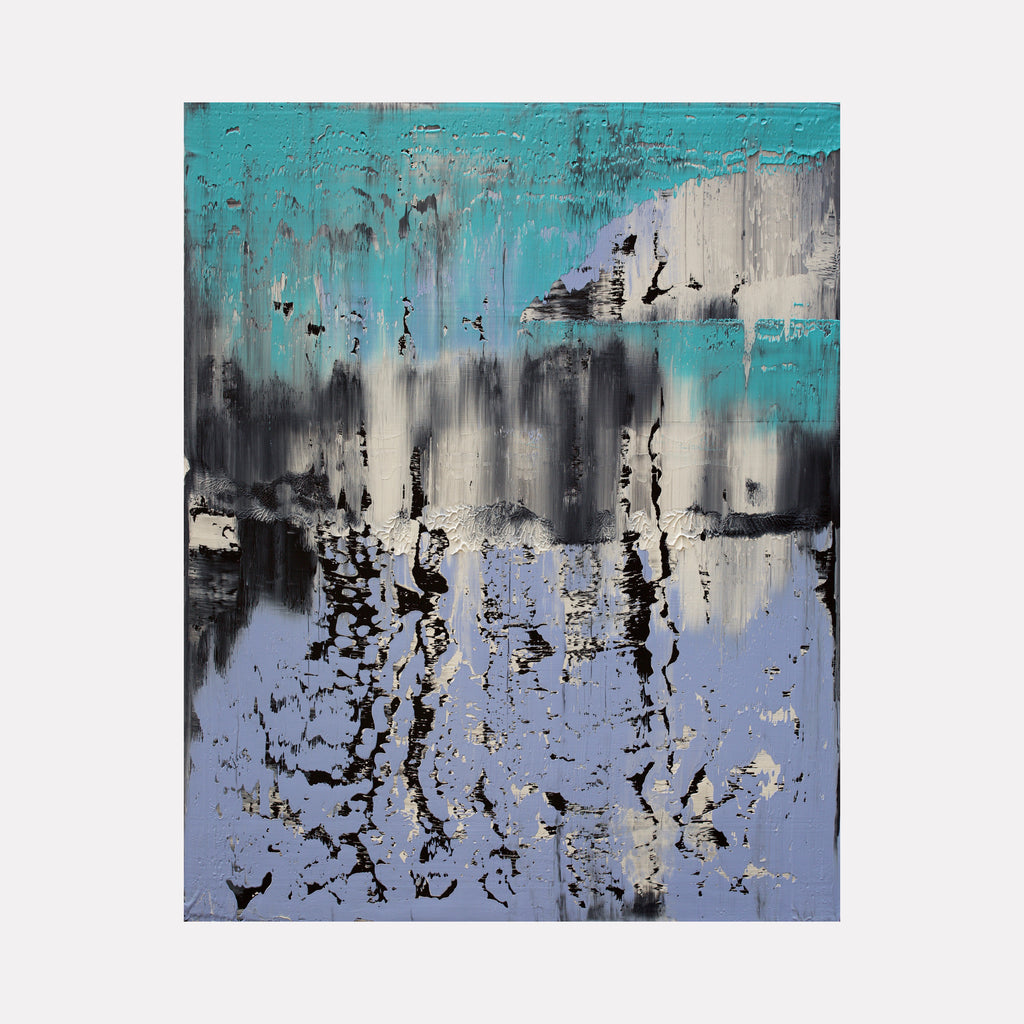 segments 1 by Harry Moody features layered abstract textures with shades of turquoise, soft blue, black, and cream. This contemporary art piece evokes a contemplative mood through its striking interplay of color fields and textured brushwork.
