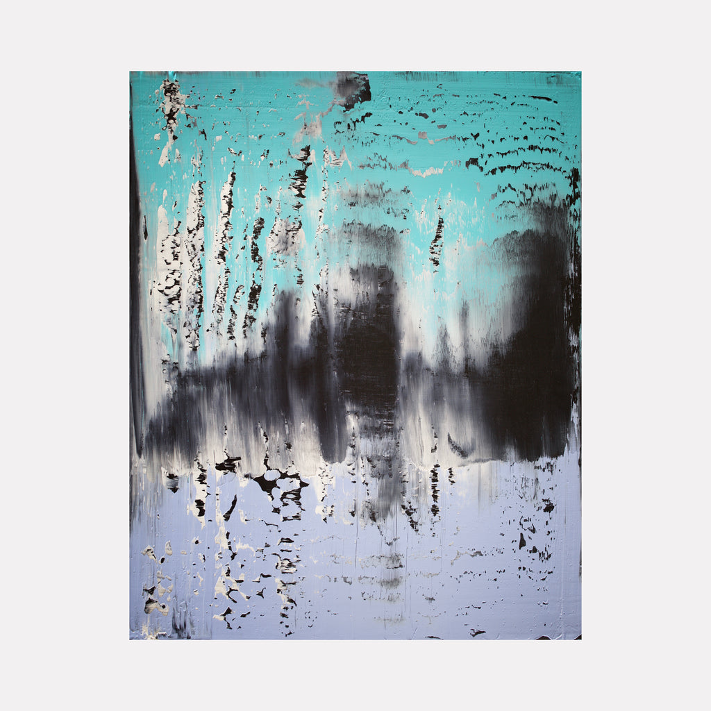segments 2 by Harry Moody displays a striking blend of cool blues and teals layered with bold black strokes, creating a textured abstract composition that evokes depth and atmospheric movement in this captivating piece of contemporary art.