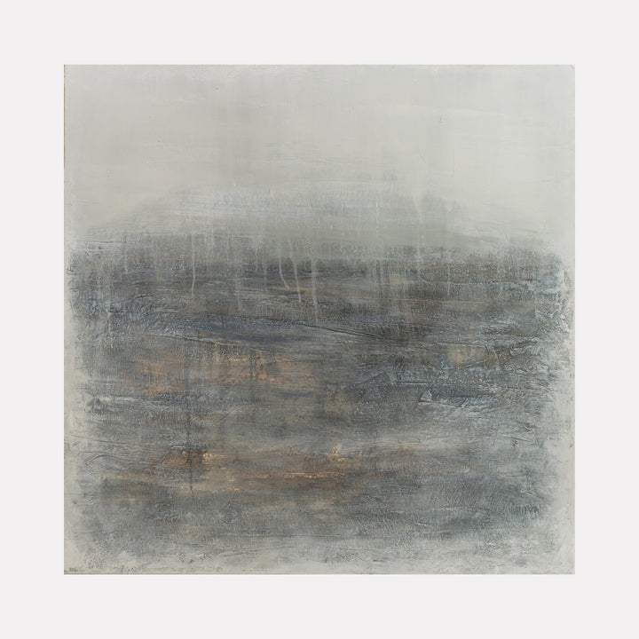 The artwork "Misty Moment" by Xanthippe Tsalimi presents a textured abstract composition blending muted blues, grays, and subtle rust tones with layered, misty washes and soft vertical streaks. The atmospheric, tactile quality evokes the contemplative abstraction of Mark Rothko and the subdued palette of Gerhard Richter’s blurred landscapes.