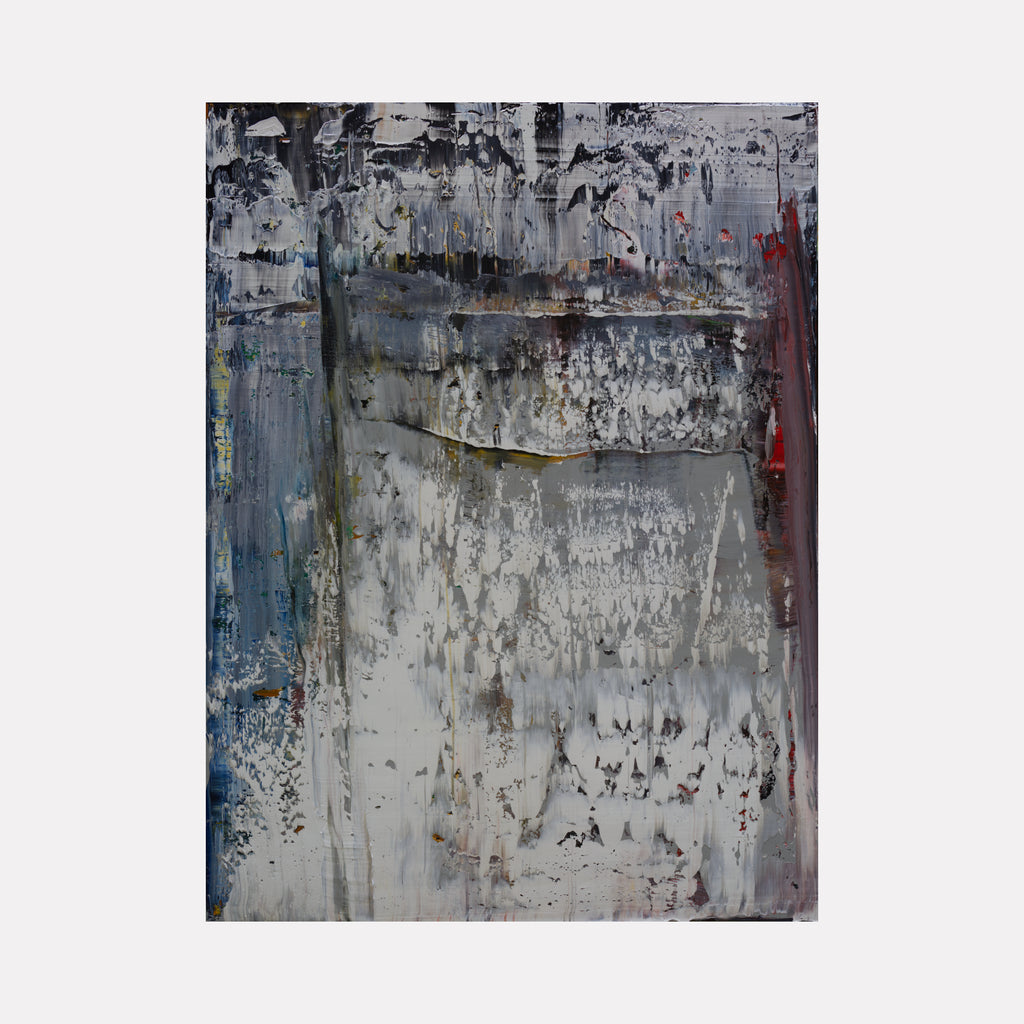 Abstract Realism 1 by Harry Moody presents a textured abstract composition with layers of muted grays, whites, and subtle blues, punctuated by soft reds and black, evoking a contemplative mood through its expressive brushstrokes and complex surface.