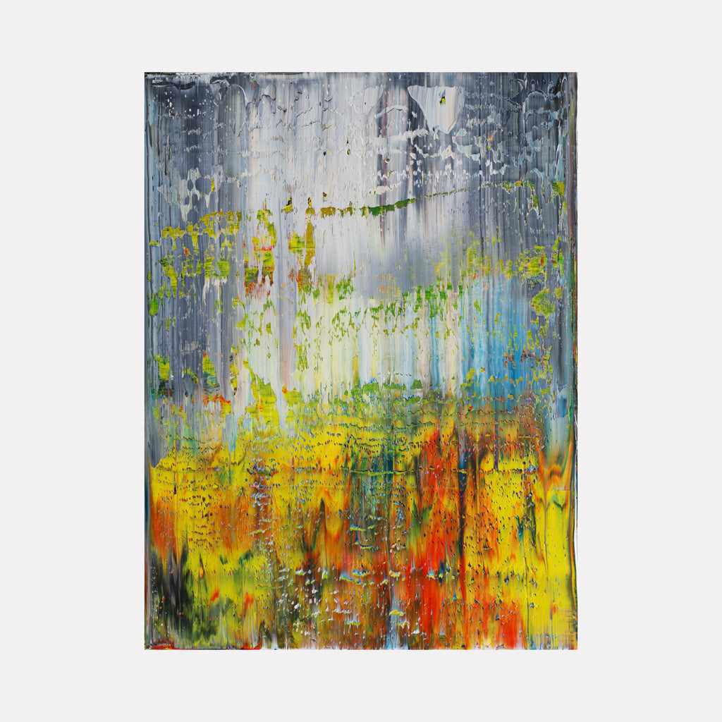 White and colors by Harry Moody features an expressive abstract design with blended layers of white, gray, bright yellow, orange, and hints of blue and green, creating a vibrant, textured composition that radiates dynamic energy in this contemporary art piece.
