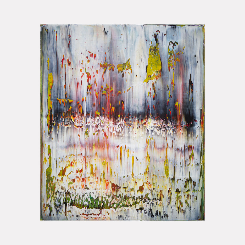 abstract 1 by Harry Moody features dripping layers of muted grays, yellows, and reds creating a textured, vertical flow that evokes a contemplative and atmospheric abstract art piece with subtle depth and organic movement.