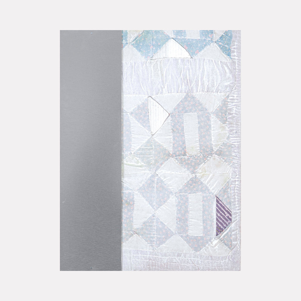 Ring Rang by Jodi Hays is a contemporary art piece featuring a delicate textile-inspired pattern with soft pastel blues, whites, and a subtle touch of lavender set against a muted gray background, blending layered texture and light geometric forms.