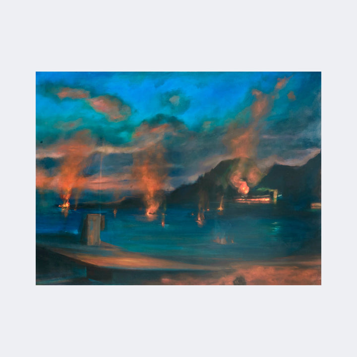 The artwork "Mythos, Chaos" by Regina Miele depicts a dramatic seascape at dusk, with vibrant blue and teal skies contrasted by vivid orange and red flames rising from the water. The scene includes shadowy silhouettes of mountains and a dock in the foreground, evoking the atmospheric style of J.M.W. Turner’s maritime paintings with its emphasis on light and movement.