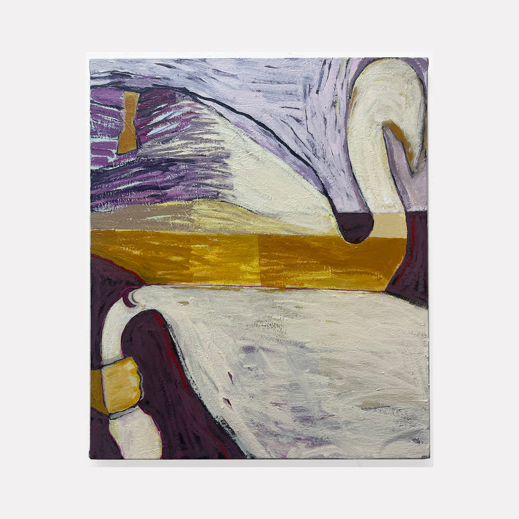 The artwork "Swan" by Val Sivilli portrays an abstracted swan with a flowing neck and body, rendered in layered brushstrokes of white, gold, and deep purples. The textured surface and simplified forms evoke the evocative natural abstraction of Georgia O’Keeffe and the color field subtlety of Mark Rothko.