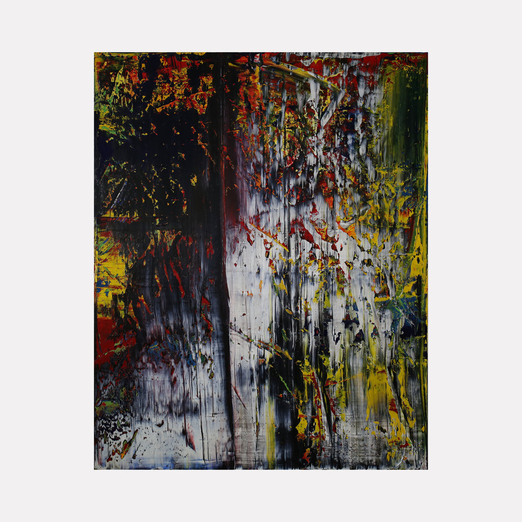 abstract with current news by Harry Moody displays a bold fusion of layered textures in deep reds, yellows, blacks, and white, creating a striking, dynamic abstract art piece rich in contrast and evocative energy.
