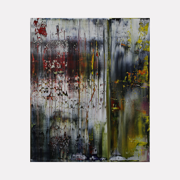 more LA fall thoughts 1 by Harry Moody displays a layered abstract composition with textured vertical streaks in muted reds, yellows, and dark tones, evoking an atmospheric and contemplative mood through the interplay of color and depth in this striking piece of art.