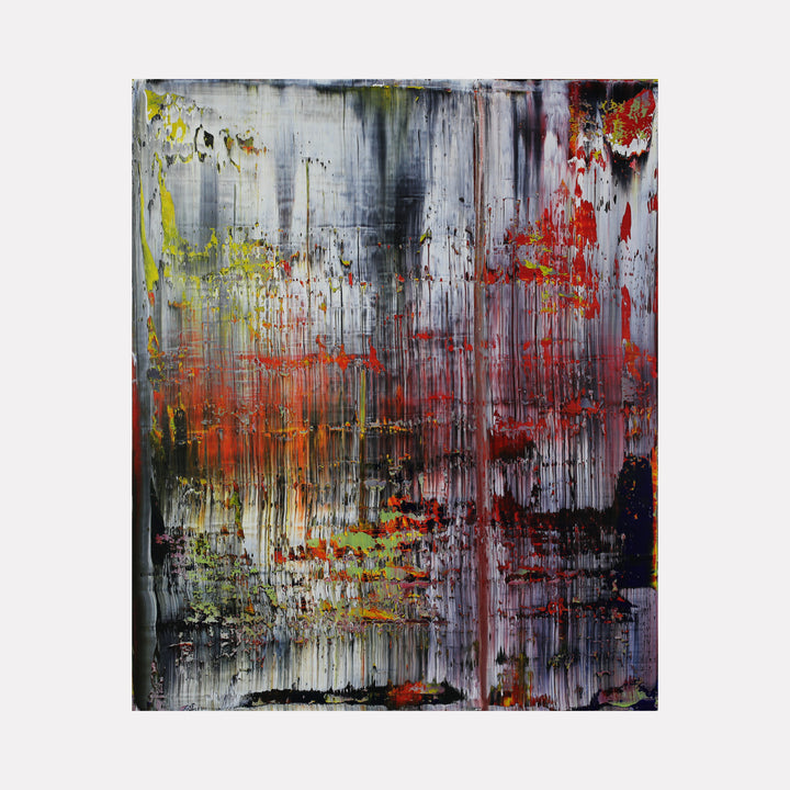 more LA fall thoughts 2 by Harry Moody presents layered abstract textures in deep grays, fiery reds, and muted yellows, blending vertical and horizontal strokes to evoke a vibrant, atmospheric fall-inspired contemporary art piece rich in dynamic tonal contrasts.