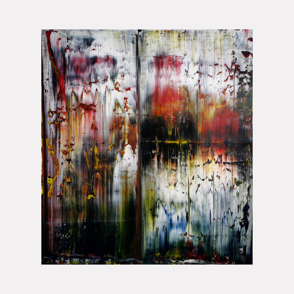 LA thoughts with black 1 by Harry Moody is a textured abstract art piece blending deep blacks with streaks of red, yellow, and muted whites, creating a layered and dynamic contemporary composition rich in movement and emotional depth.