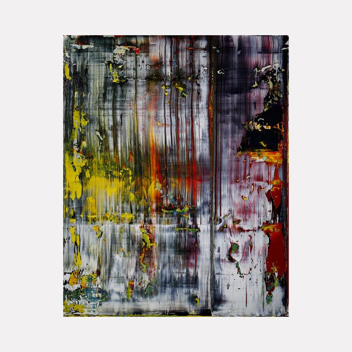 LA thoughts with black 2 by Harry Moody is a contemporary abstract art piece featuring layered textures with vertical streaks of black, yellow, red, and hints of white, creating an intense and dynamic composition with expressive depth and vibrant contrast.